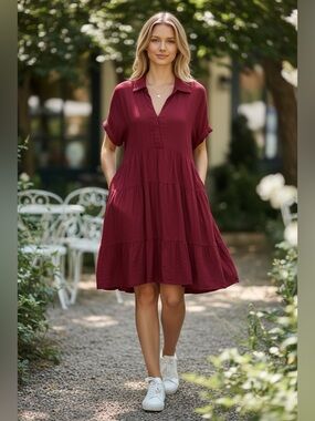 Umgee Burgundy Tiered Babydoll Shirt Dress – Size Large